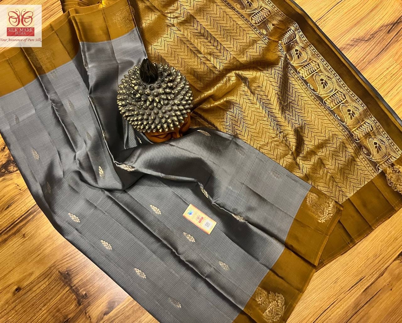 Gold and gray pure kanchivaram pure silk saree, pattu saree for women in uk silk mark certified