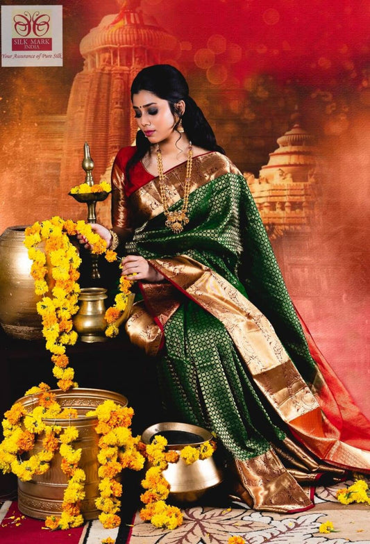 Green and Red pure silk kanchivaram big border saree - wedding silk - soft silk saree - Kanchipuram silk saree - silk mark certified