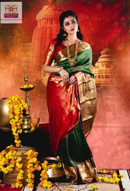 Green and Red pure silk kanchivaram big border saree wedding