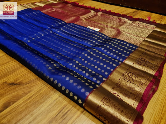 Navy blue and Red Kanchivaram silk saree - wedding silk - soft silk saree - Kanchipuram silk saree - silk mark certified
