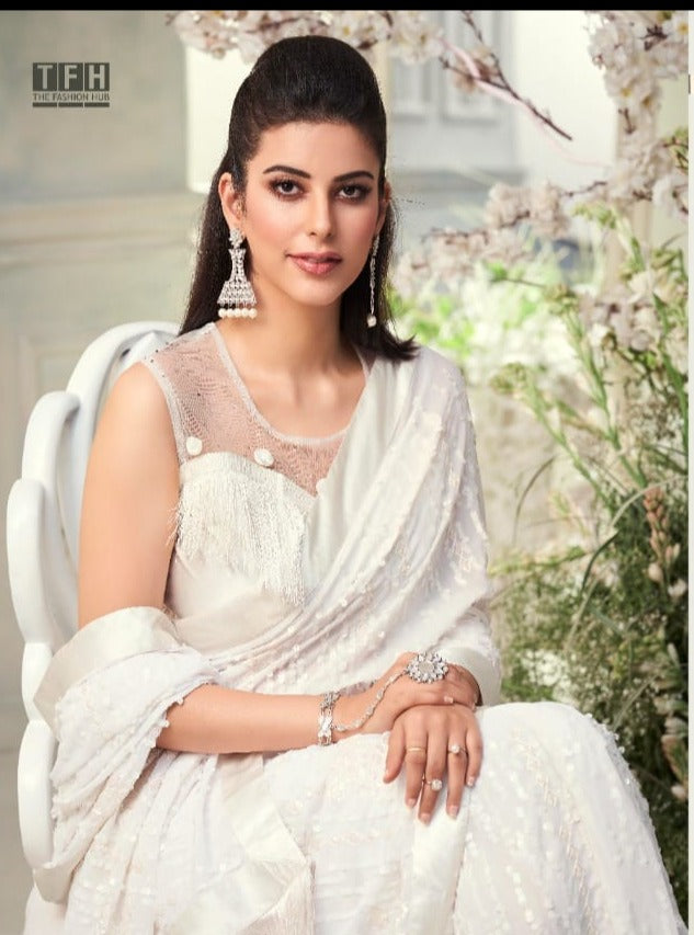White saree Designer sequins saree in georgette - party wear saree - wedding saree, saree for women