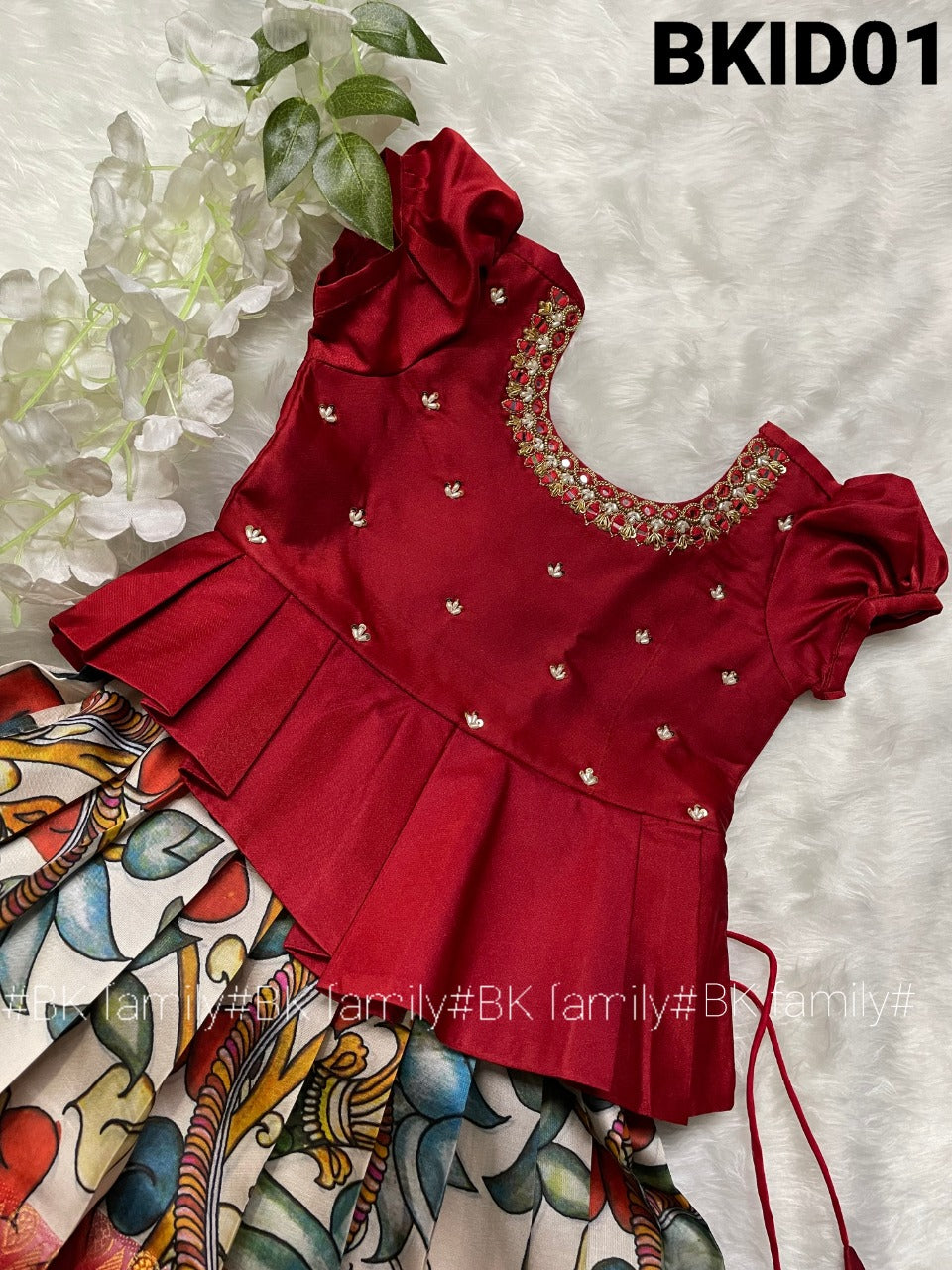 Banarasi Big Border Kalamkari lehenga Pattu pavada - kids lehenga - girls pattu pavada - maggam work pattu pavada