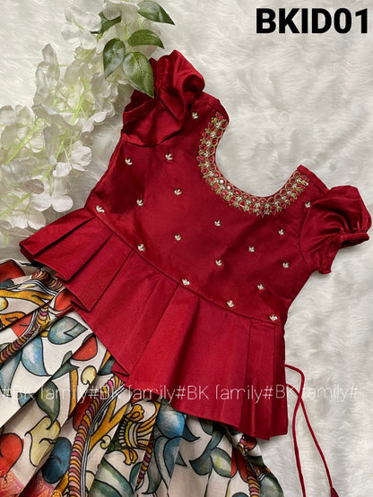 Banarasi Big Border Kalamkari lehenga Pattu pavada - kids lehenga - girls pattu pavada - maggam work pattu pavada
