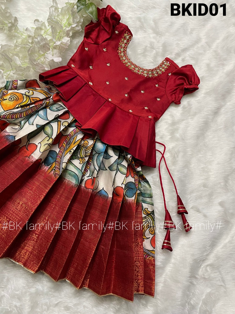 Banarasi Big Border Kalamkari lehenga Pattu pavada - kids lehenga - girls pattu pavada - maggam work pattu pavada