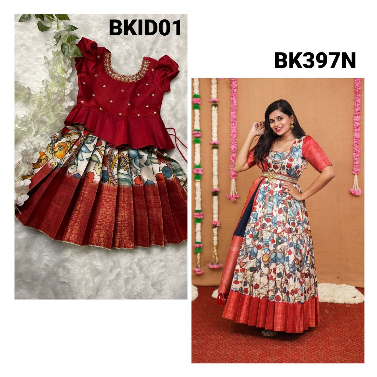 Banarasi Big Border Kalamkari lehenga Pattu pavada - kids lehenga - girls pattu pavada - maggam work pattu pavada