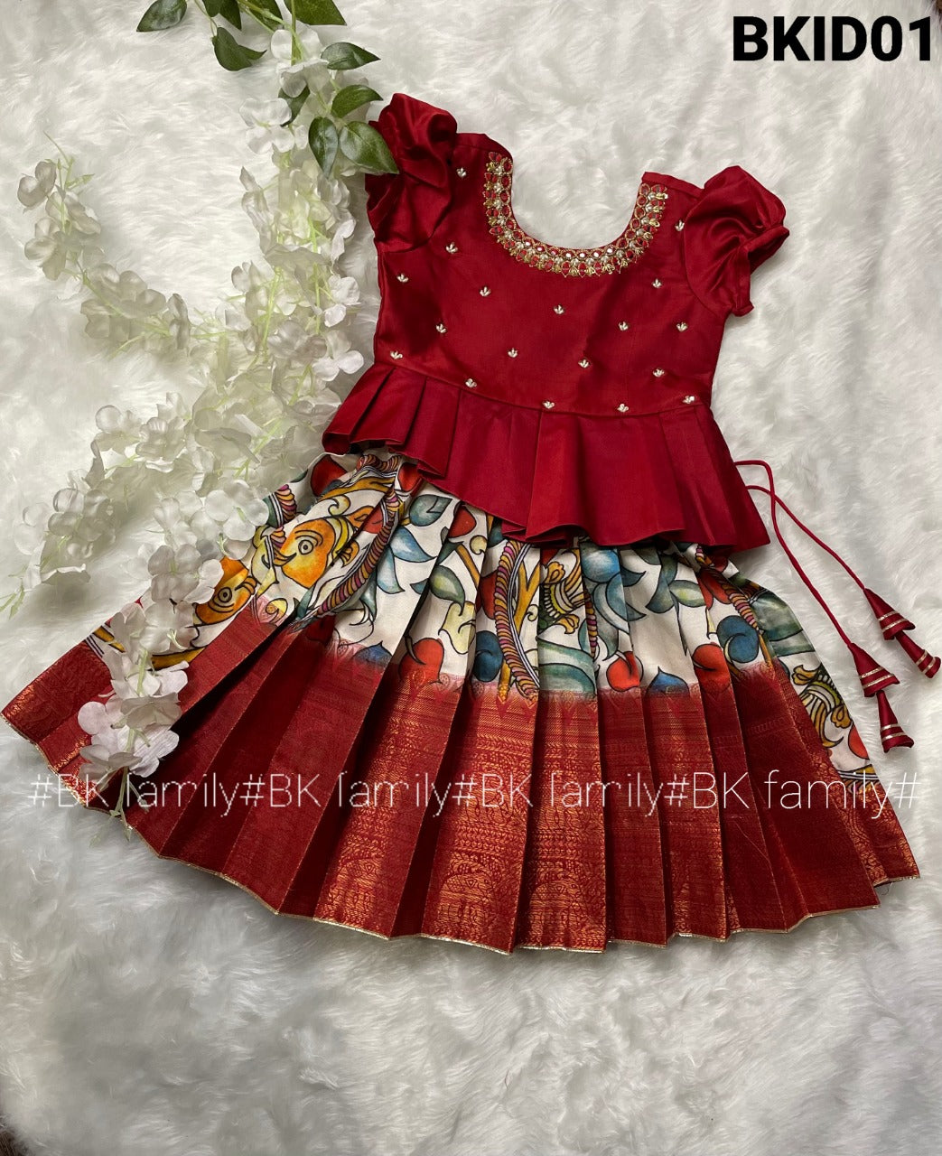 Banarasi Big Border Kalamkari lehenga Pattu pavada - kids lehenga - girls pattu pavada - maggam work pattu pavada