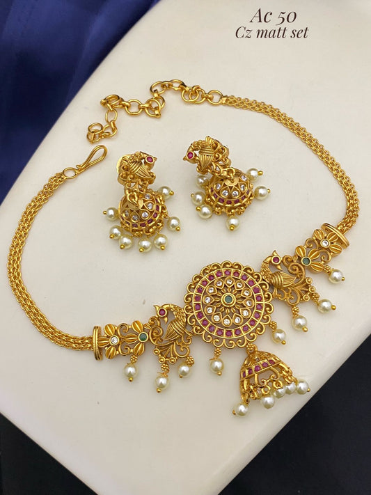 Jumuki style CZ Matti finish necklace set - high neck jewellery set, indian necklace, lehenga jewellery, necklace set with  jhumka or Jimiki