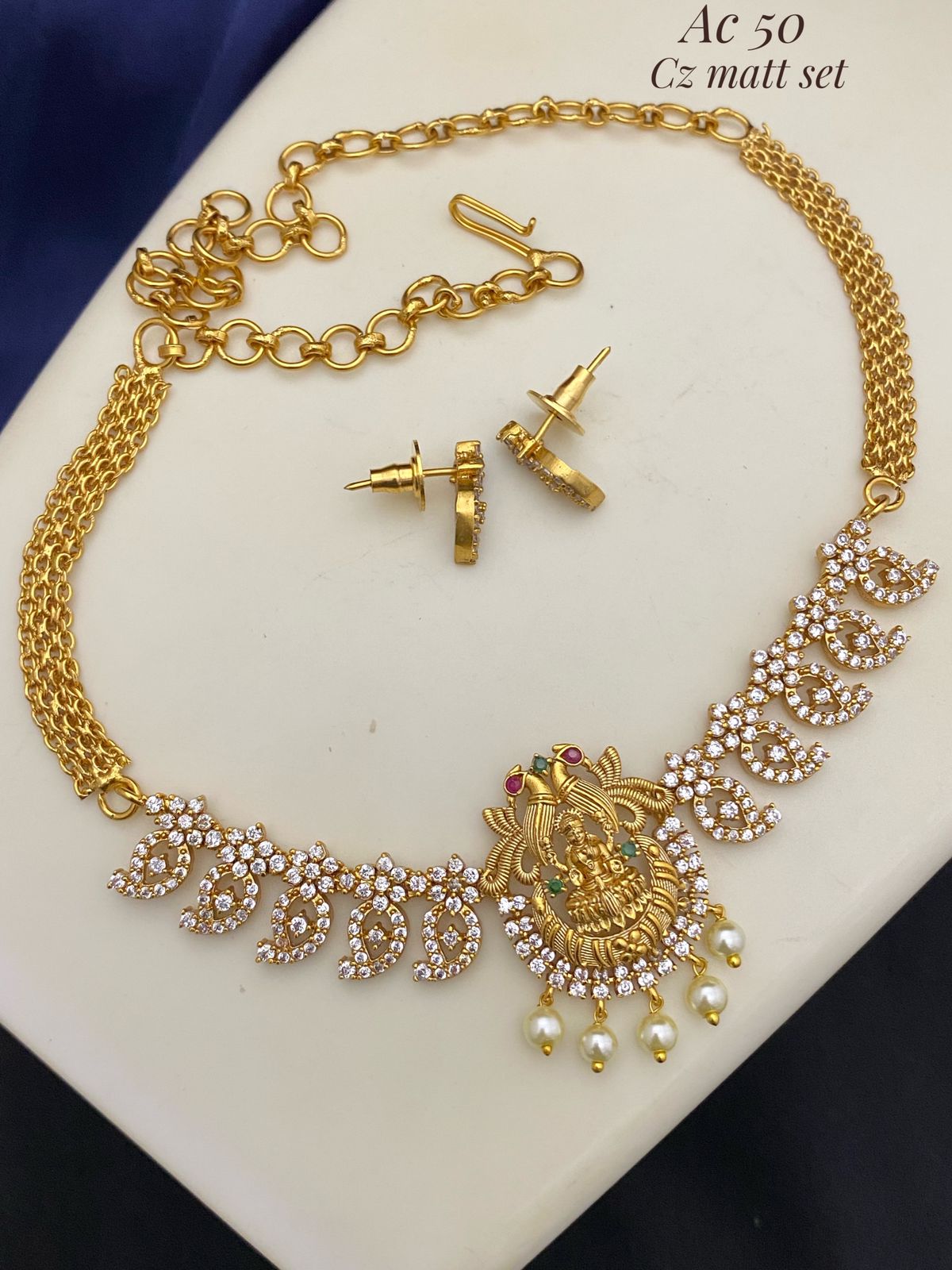 CZ Matti finish necklace set - Laxmi Pendant- high neck jewellery set, indian necklace, lehenga jewellery, necklace set with  jhumka or Jimiki
