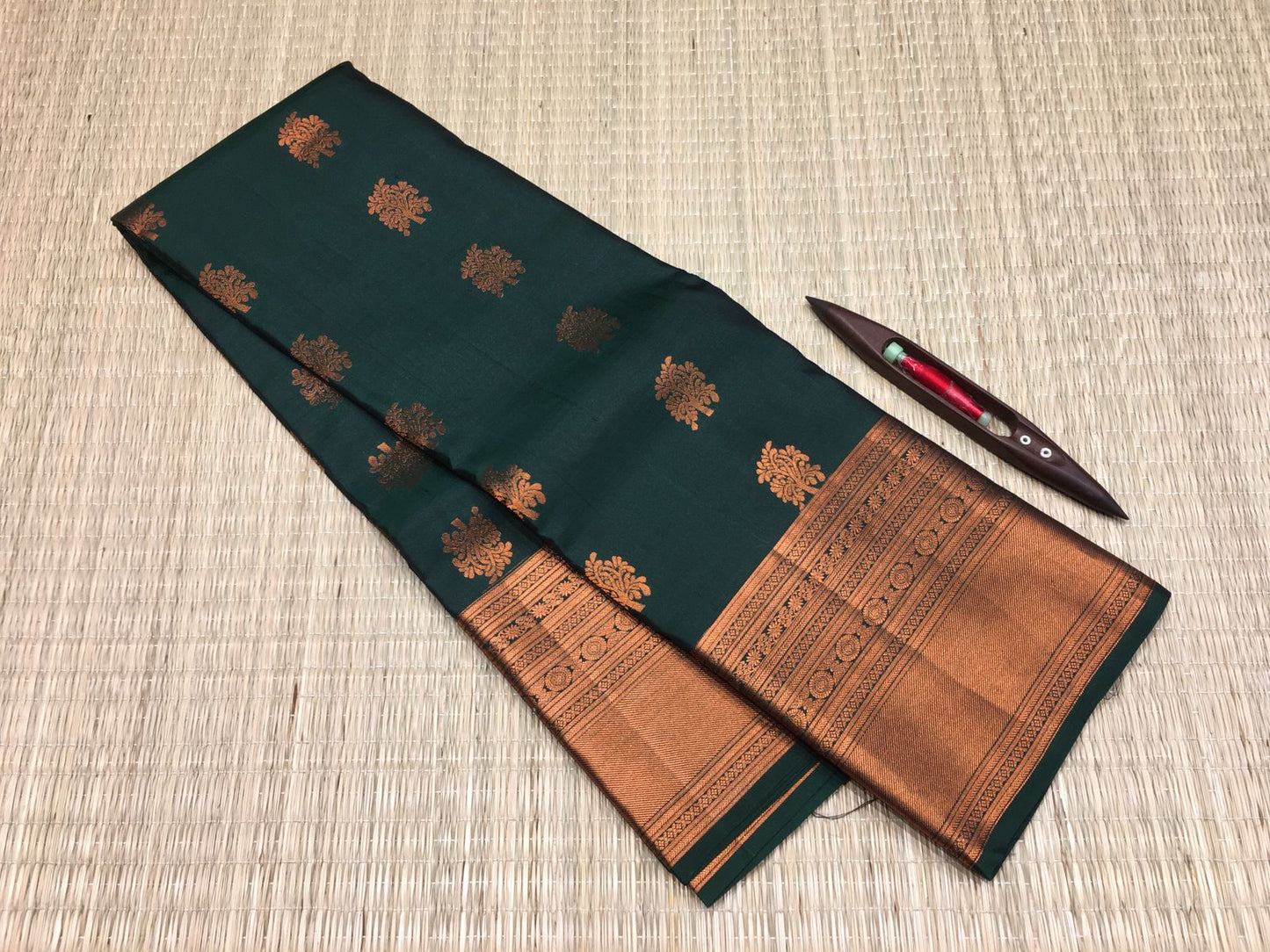 Timber green Kanchivaram pure silk copper border saree, silk mark certified