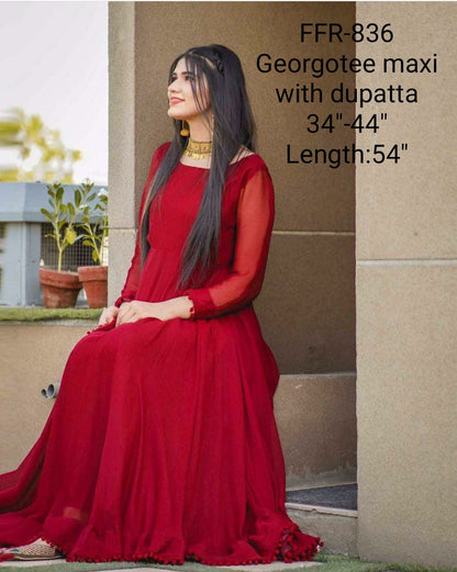 Red Georgette maxi gown  - party wear Indian gown - Indian maxi dress