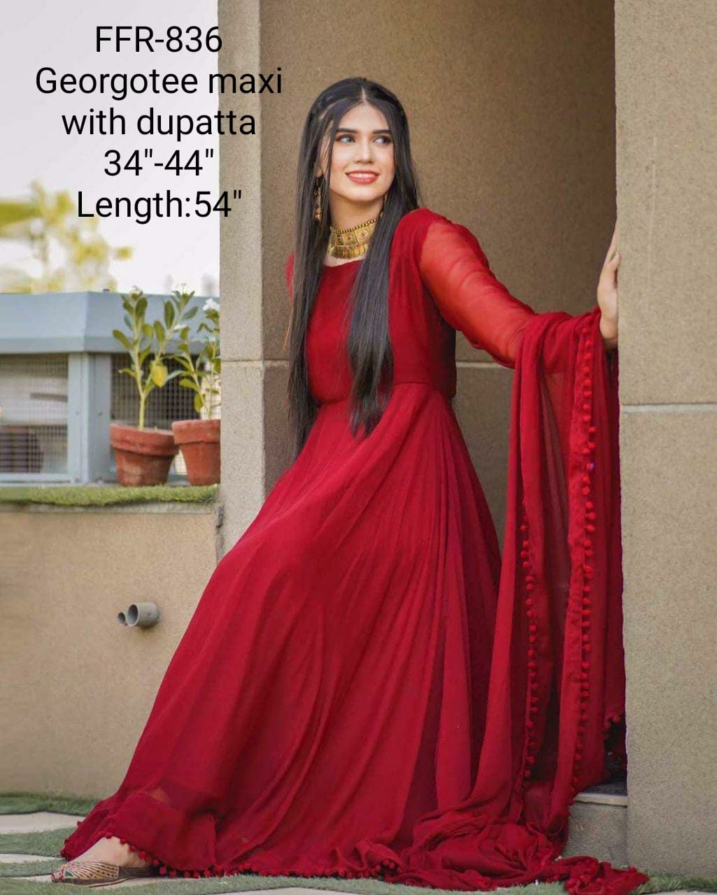 Red Georgette maxi gown  - party wear Indian gown - Indian maxi dress