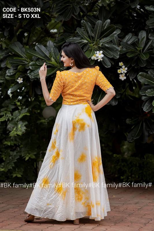 Mustard shibbori pattern Maxi dress - indian party Gown