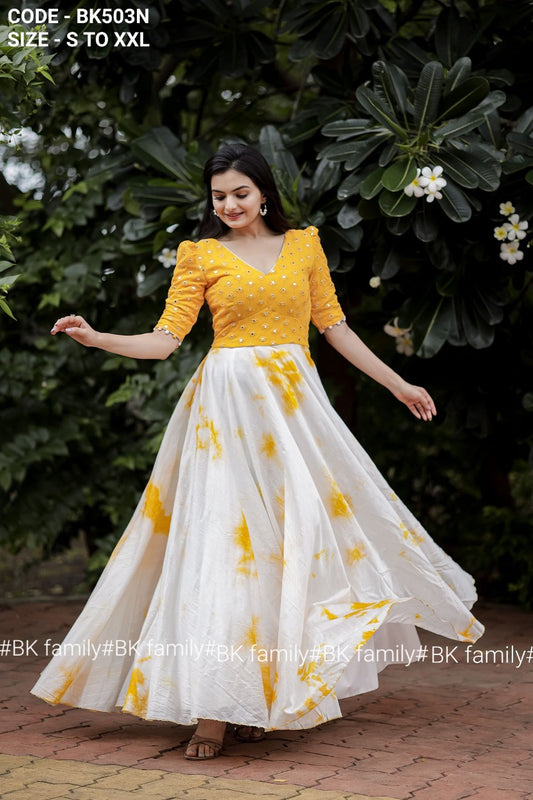 Mustard shibbori pattern Maxi dress - indian party Gown