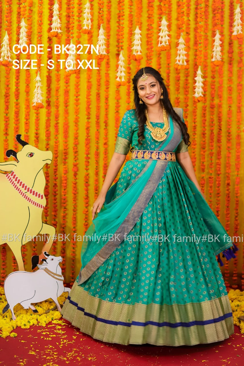 Charming Vivid Green Ikkat Pattu dress - lehenga dress - Pattu Gown