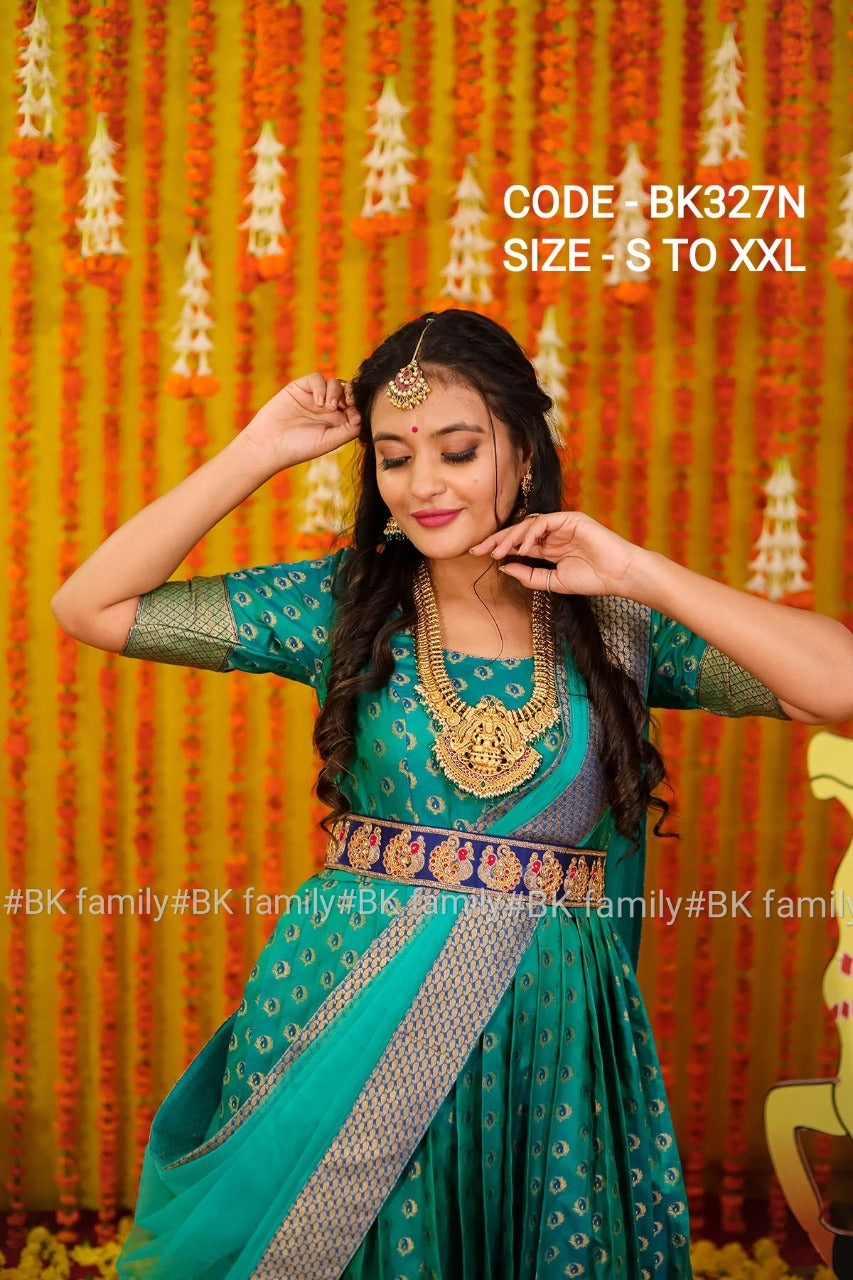 Charming Vivid Green Ikkat Pattu dress - lehenga dress - Pattu Gown