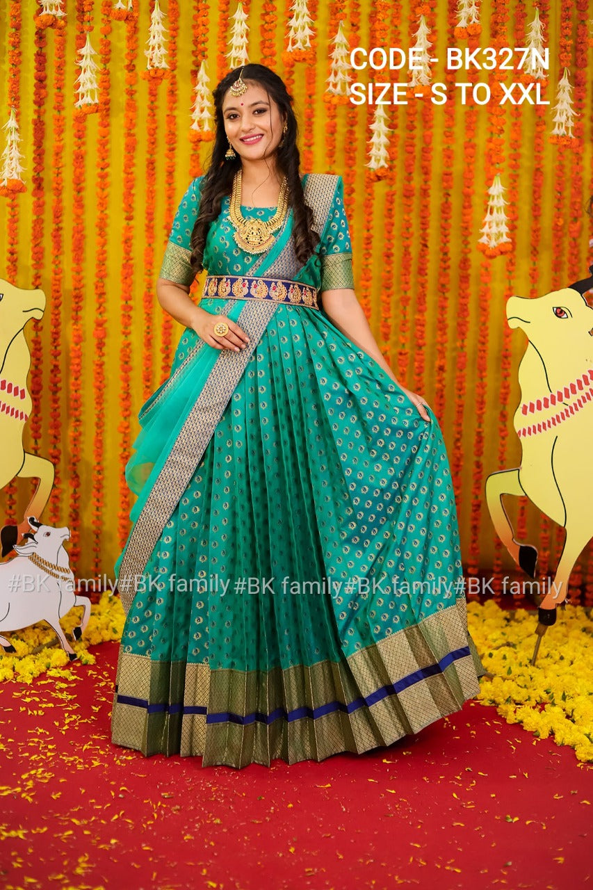 Charming Vivid Green Ikkat Pattu dress - lehenga dress - Pattu Gown