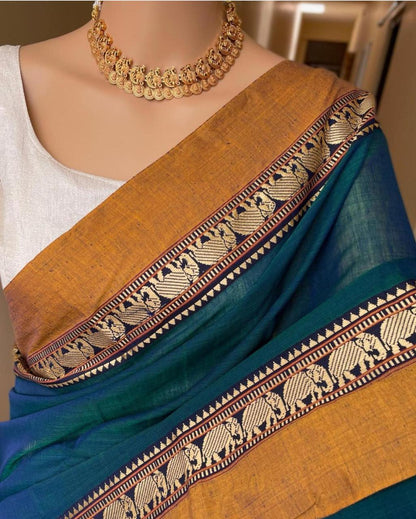 deep turquoise Pure Narayanpeth Mercerised Cotton Sarees