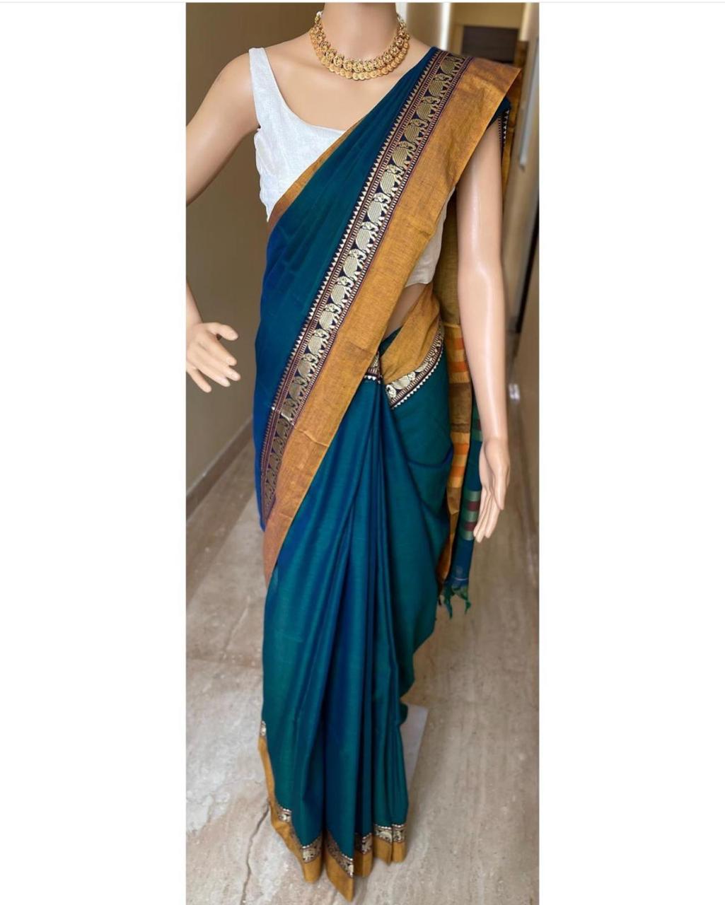 deep turquoise Pure Narayanpeth Mercerised Cotton Sarees
