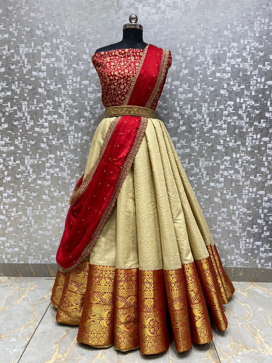 Read and off white Pattu lehenga suit - Unstitched.