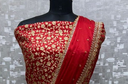 Read and off white Pattu lehenga suit - Unstitched.