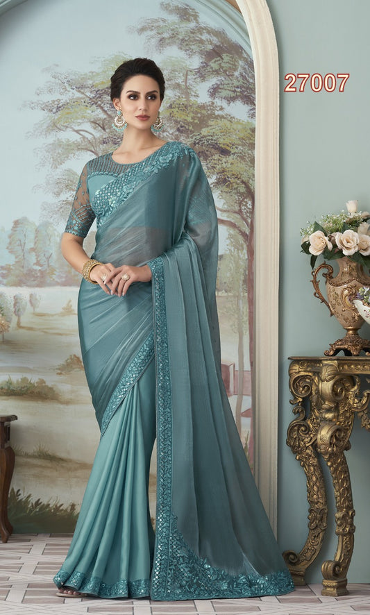 Turquoise Party wear saree with desginer blouse - Wedding wear fancy saree