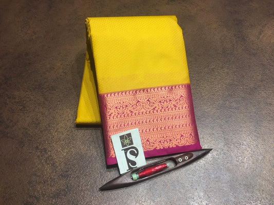 Sandalwood yellow with magenta handloom pattu sareee