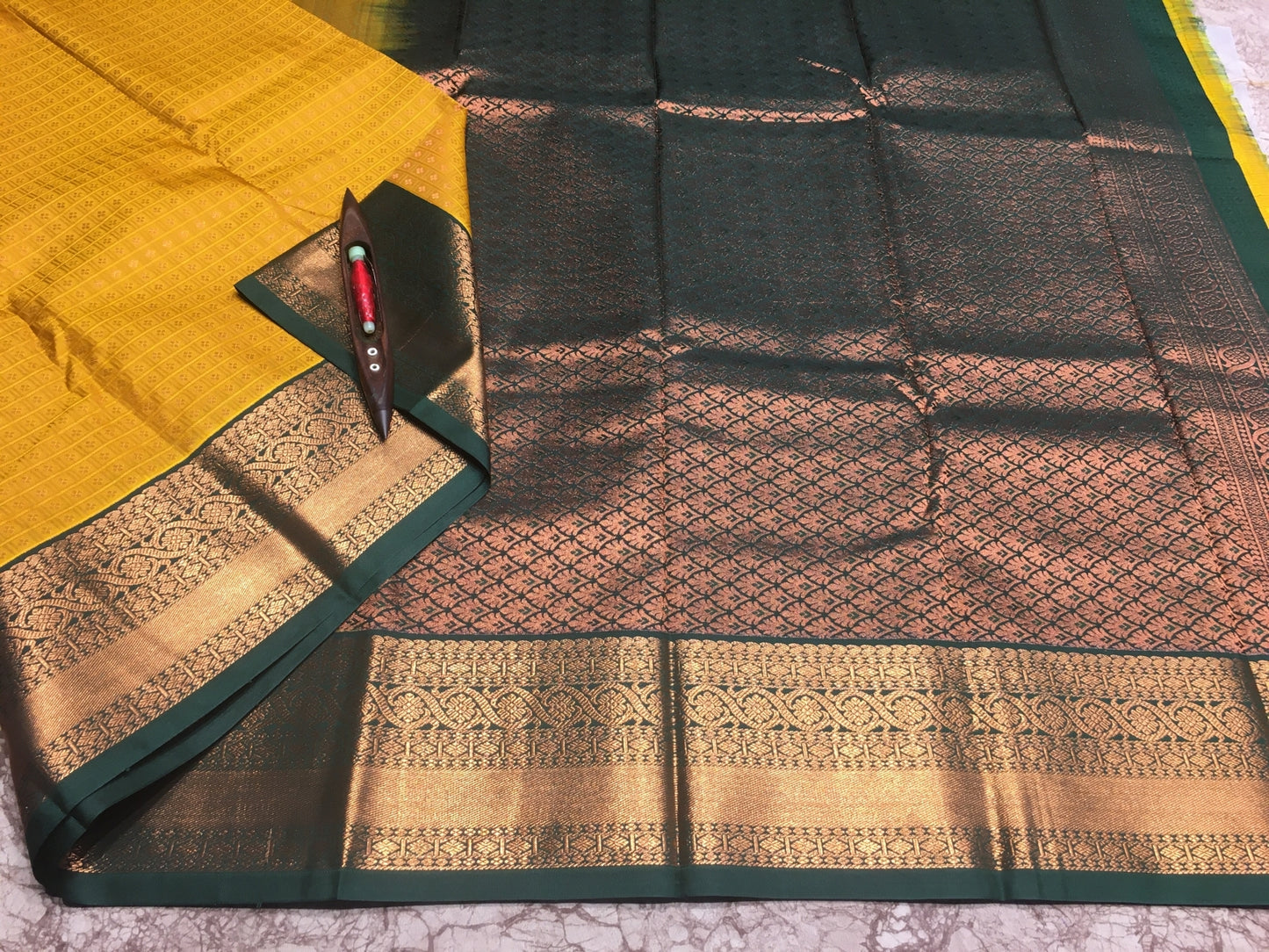 Handloom pattu sareee - Mustard yellow with green