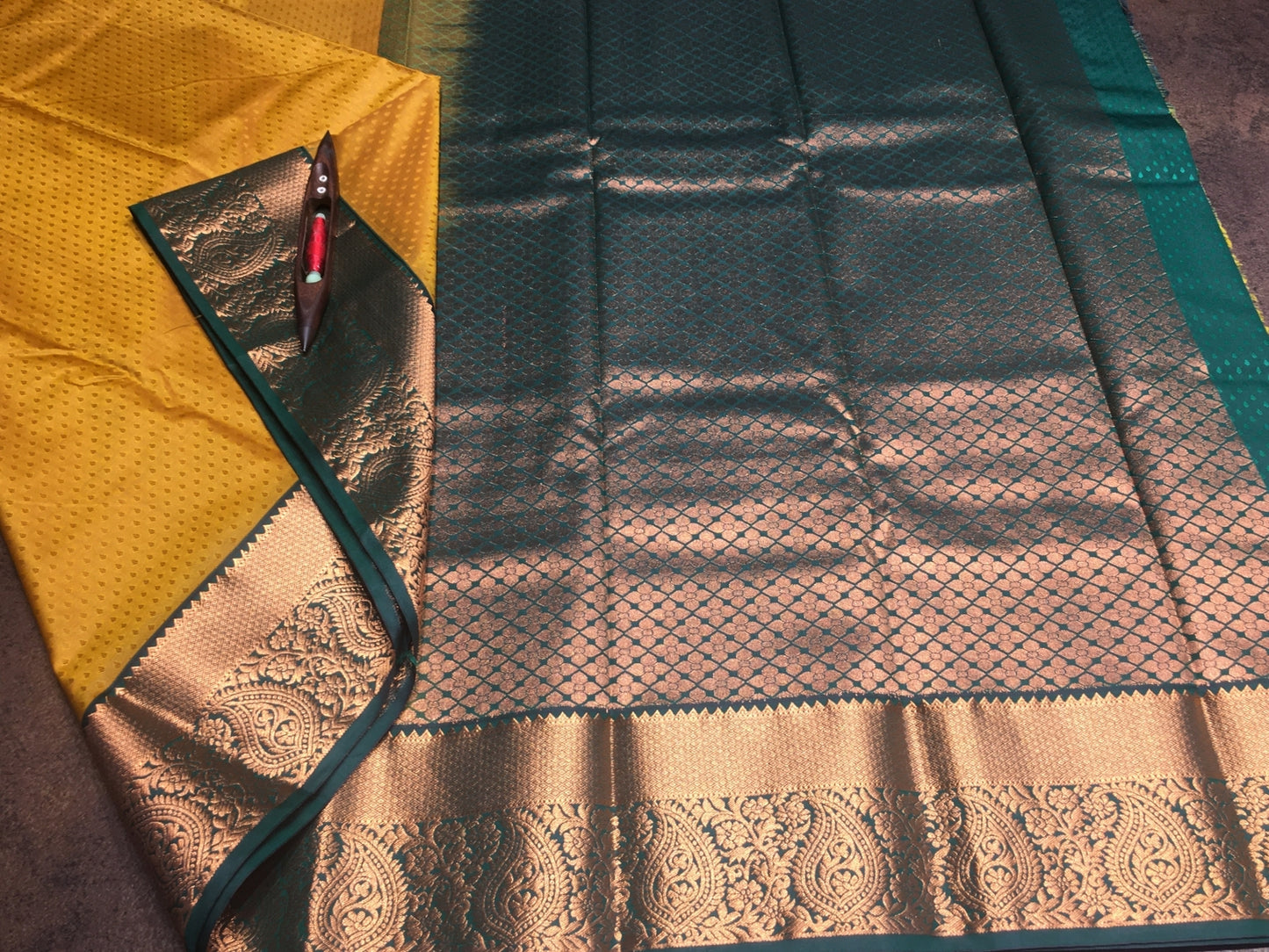 Handloom pattu sareee - Mustard yellow with green