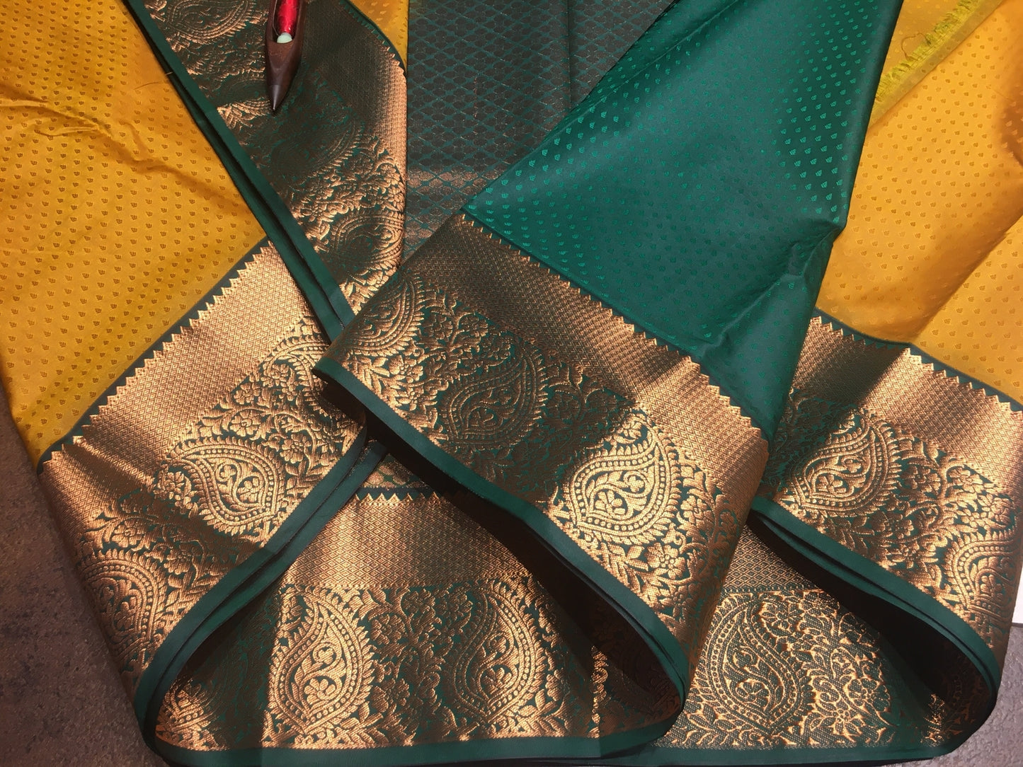 Handloom pattu sareee - Mustard yellow with green