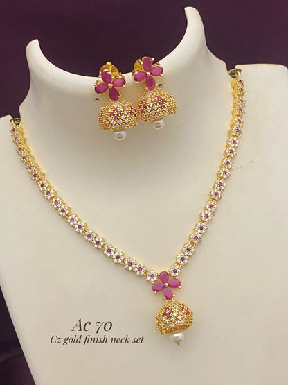 Gold finish cz stone necklace set with earrings - Semi bridal set - traditional neck set