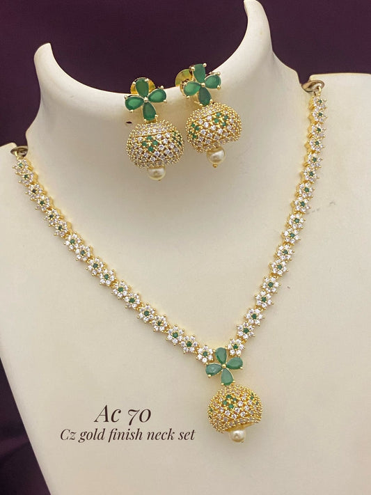 Gold finish cz stone necklace set with earrings - Semi bridal set - traditional neck set
