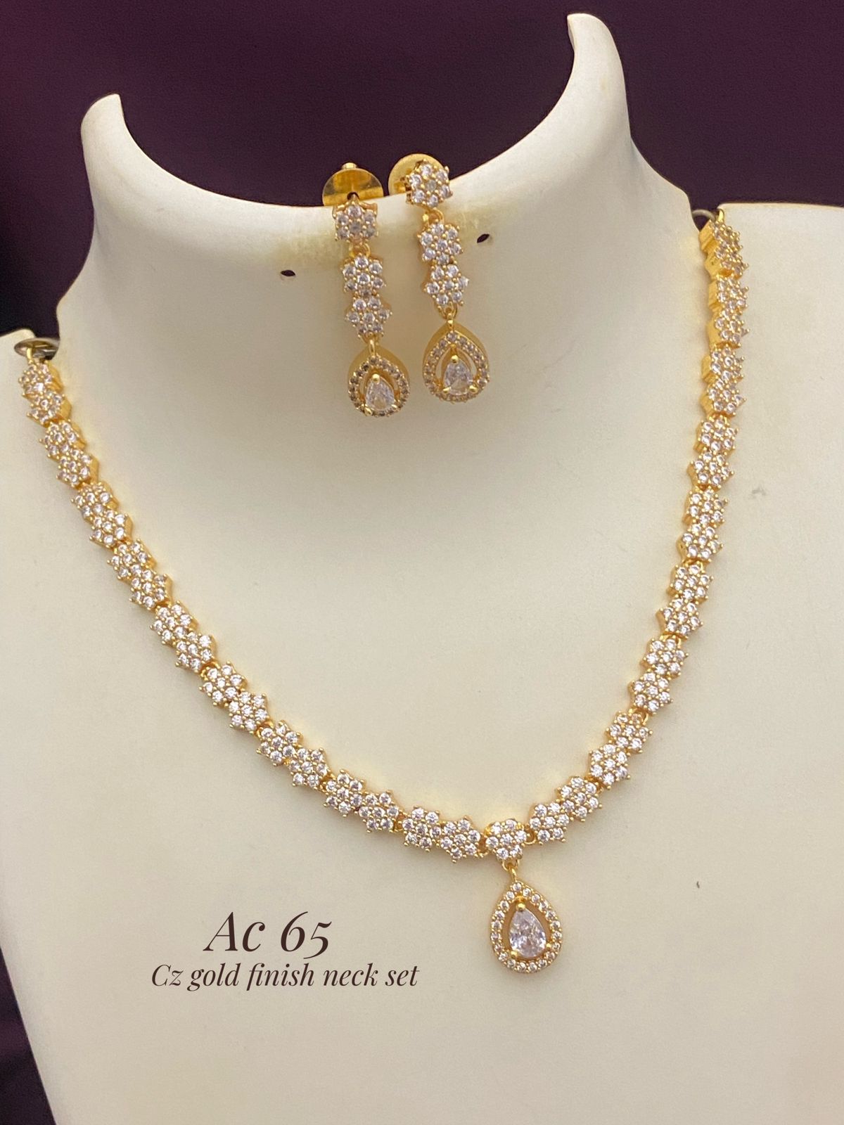 CZ gold finish simple necklace set with earrings