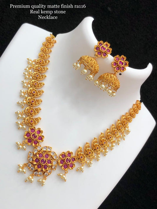Real kempu stone Premium quality mate finish Necklace set - indian jewellery set with earrings