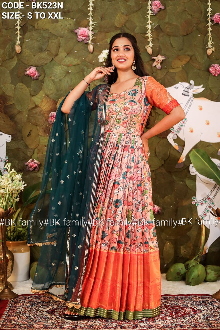 Be Beautiful with our New exclusive kalamkari Pattu Dress, kalamkari pattu gown - pattu dress - indian wedding gown