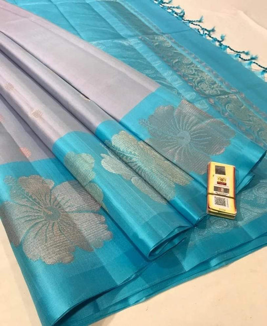 Sky blue floral Kanchipuram soft silk saree - borderless saree - silk mark certified