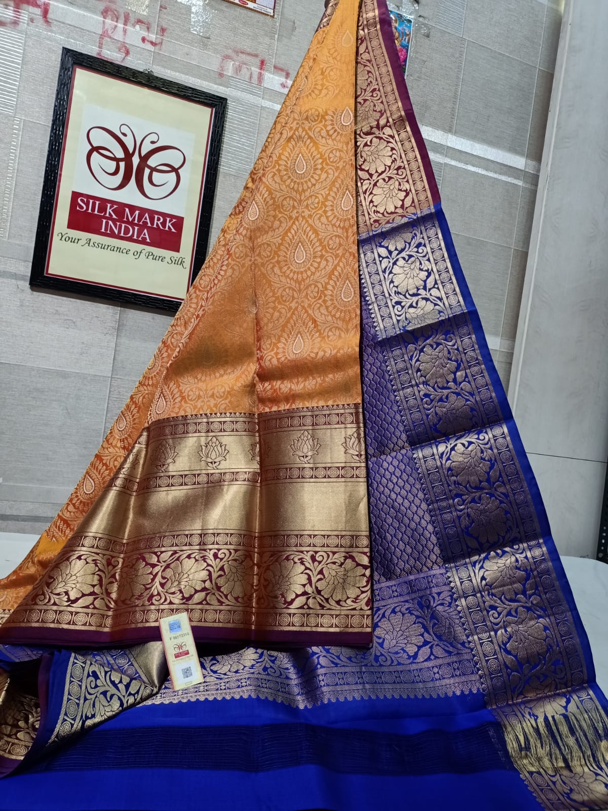 Orange and blue PURE Pattu saree - kanchivaram silk saree with silk mark certificate