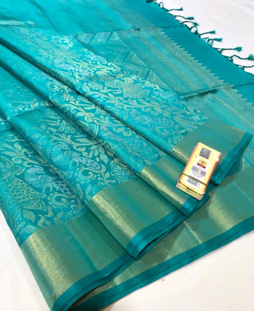 Turquoise blue Kanchipuram soft silk saree - borderless saree - silk mark certified