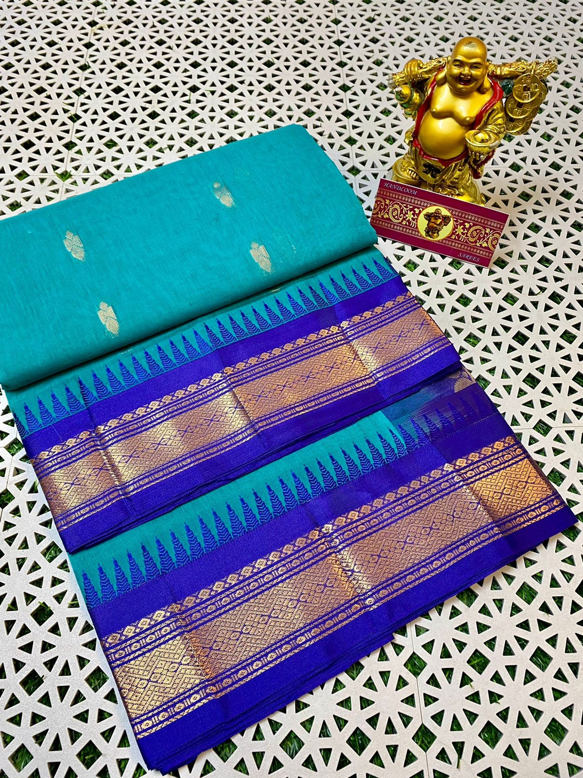 Blue Pure soft cotton temple border saree - soft and light weight - saree for women in uk