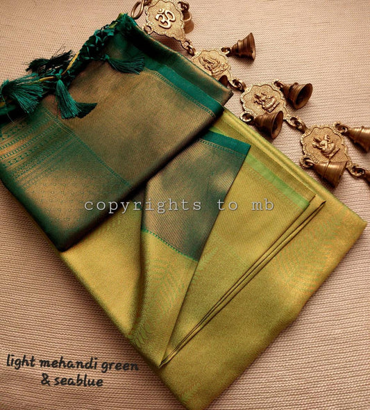 Light mehendi green and sea blue - Pure kubera pattu saree