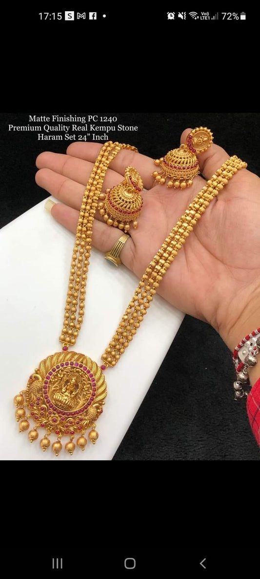 Matte finishing real Kempu Stone Long haram set with Jhumka