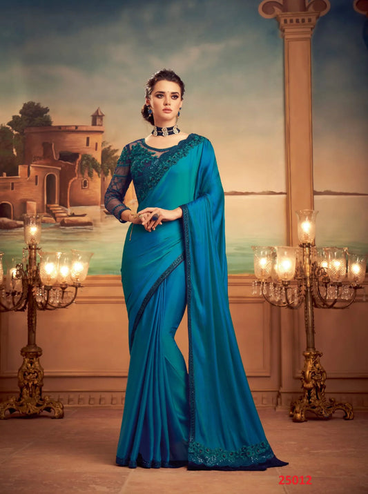 Deep blue and sky blue desginer saree - Pure soft satin silk saree Designer saree, party wear, wedding wear saree, luxury designer saree