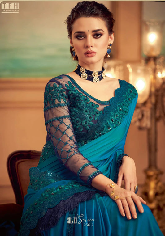 Deep blue and sky blue desginer saree - Pure soft satin silk saree Designer saree, party wear, wedding wear saree, luxury designer saree