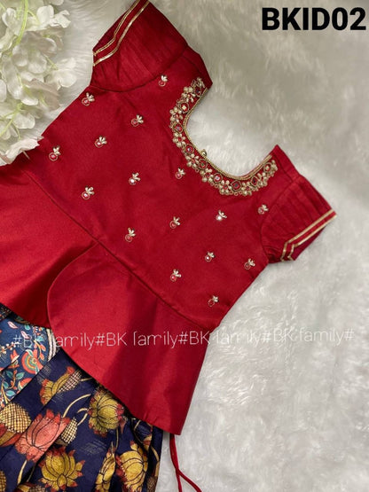 Kalamkari kids lehenga Pattu pavada - kids lehenga - girls pattu pavada - maggam work pattu pavada