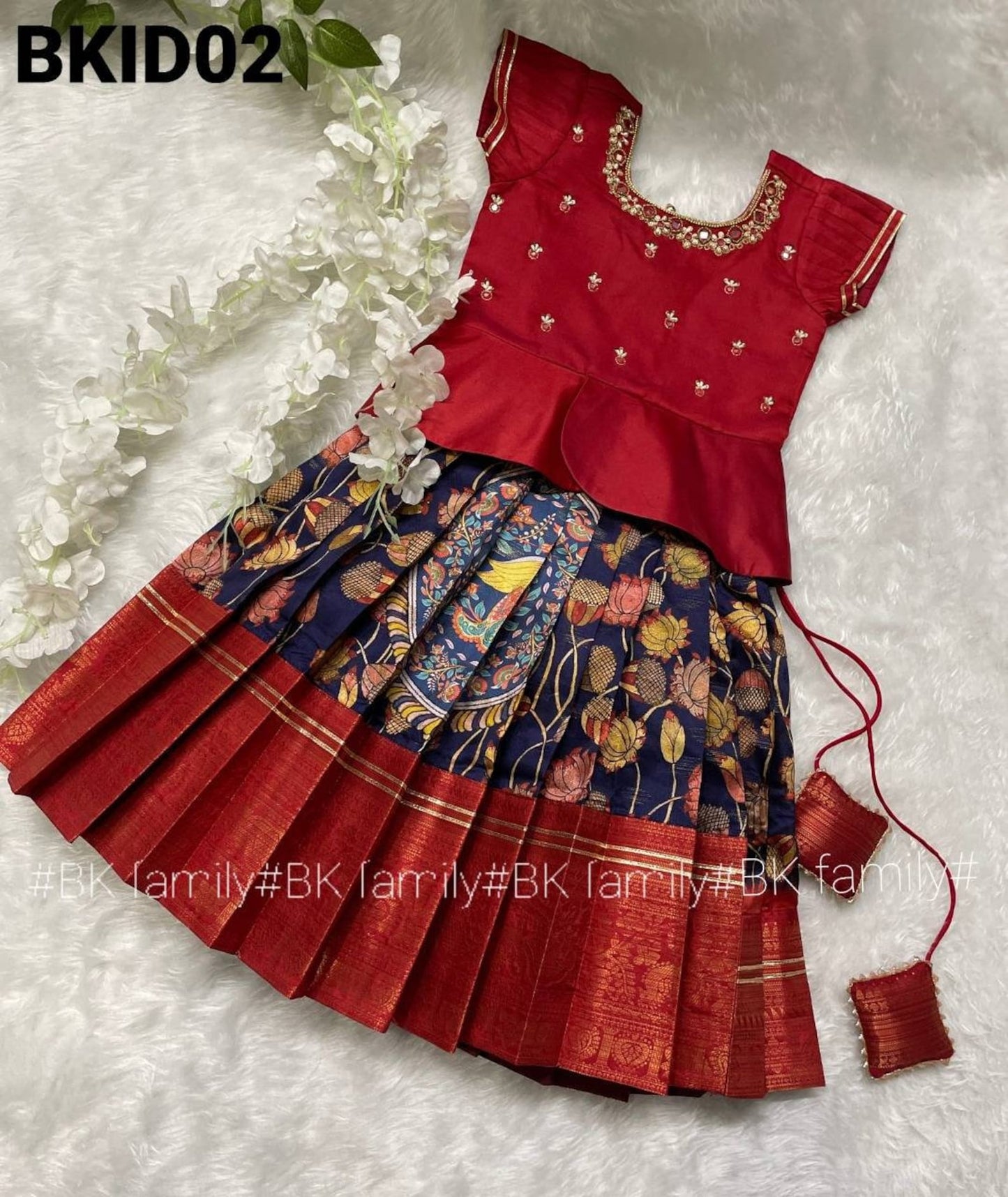 Kalamkari kids lehenga Pattu pavada - kids lehenga - girls pattu pavada - maggam work pattu pavada