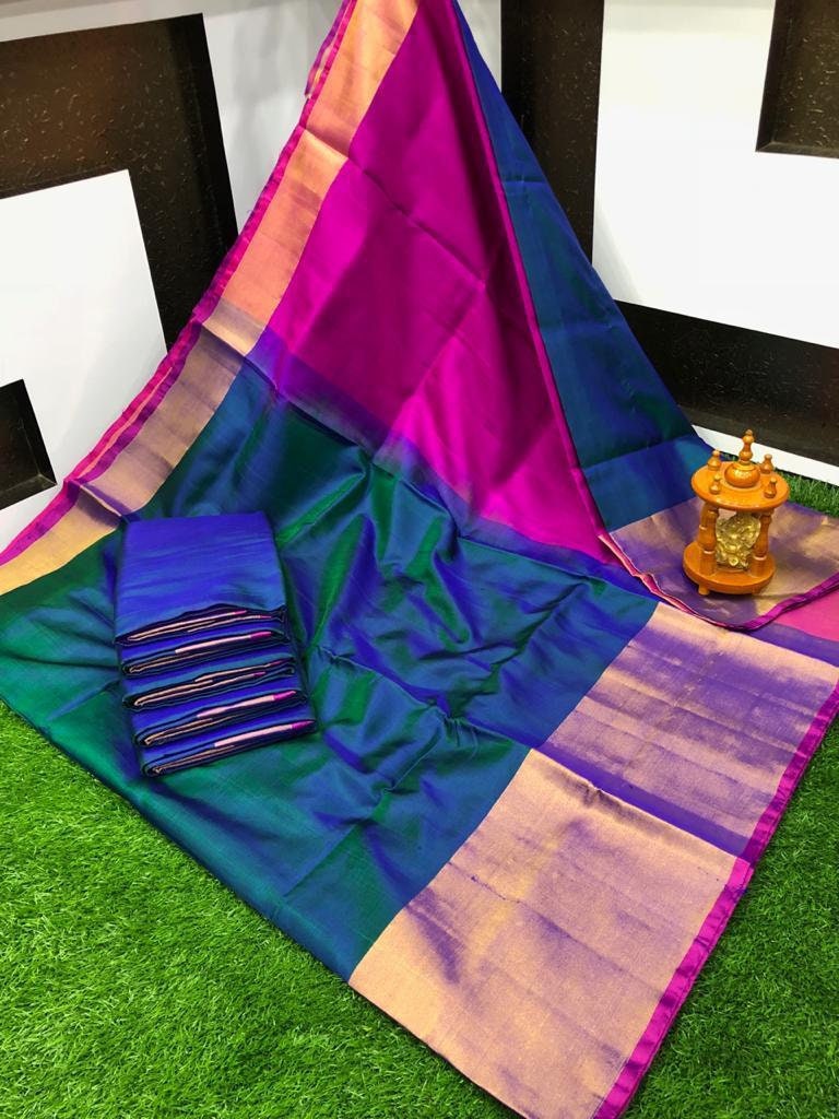 Blue and Pink Uppada Silk Pattu Saree, Wedding Saree, Pure Uppada Pattu Saree, handwoven silk saree, two tone saree for woman