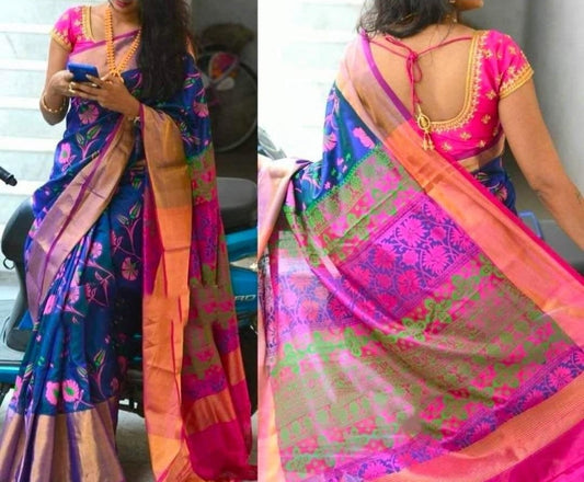 Pure soft silk uppada pattu saree, floral desgin, pink and blue with big zari border, saree for women, indian saree