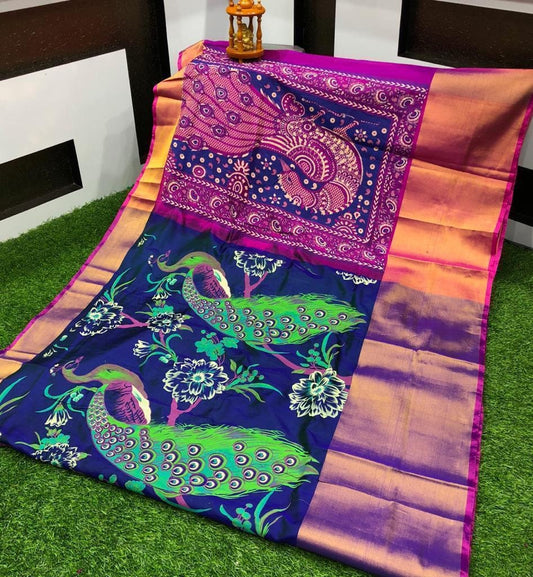 Pure uppada soft silk pattu saree, kalamkari pattern, big zari border, saree for women, indian sarees