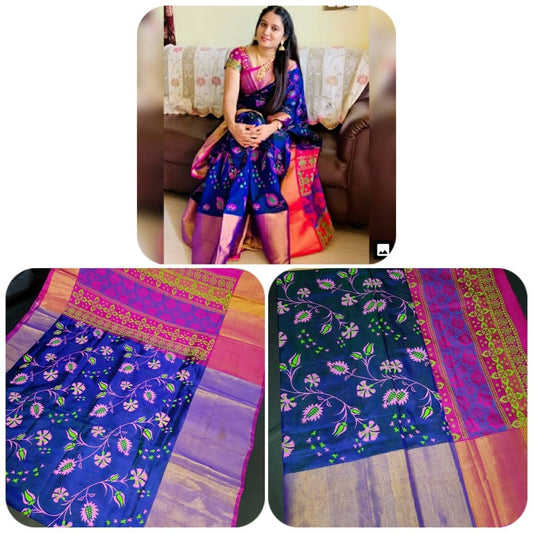 Pure soft silk uppada pattu saree, floral desgin, pink and blue with big zari border, saree for women, indian saree