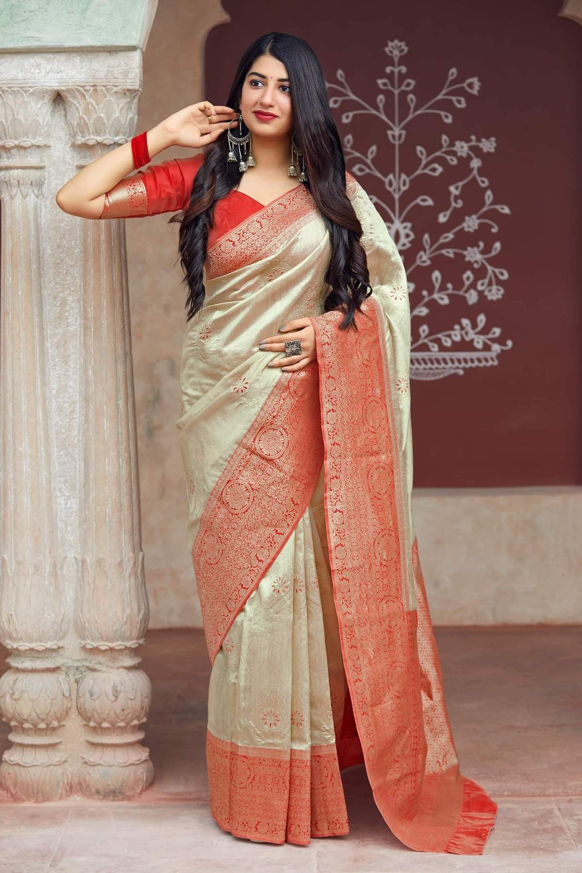 Red And Cream Banarasi Art Silk Saree  - Women saree in UK -Manjubaa Silk