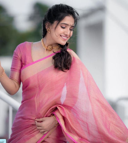 Pink Linen handloom saree - Linen Pure Tissue saree - Saree UK